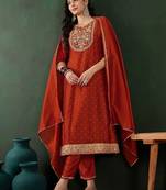 orange-coloured floral embroidered v-neck anarkali kurta with trouser & dupatta