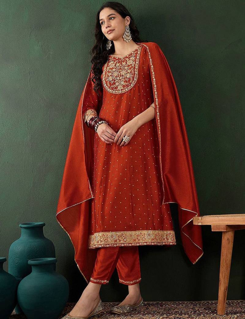 orange-coloured floral embroidered v-neck anarkali kurta with trouser & dupatta