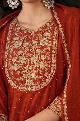 orange-coloured floral embroidered v-neck anarkali kurta with trouser & dupatta