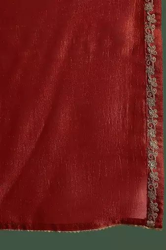 orange-coloured floral embroidered v-neck anarkali kurta with trouser & dupatta