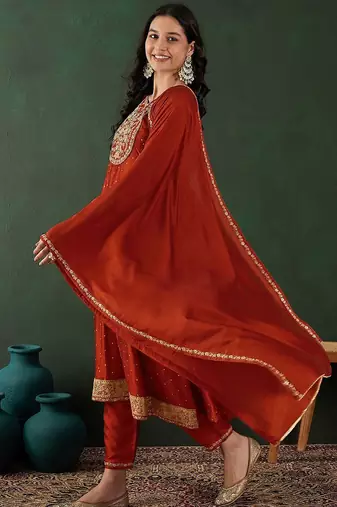 orange-coloured floral embroidered v-neck anarkali kurta with trouser & dupatta