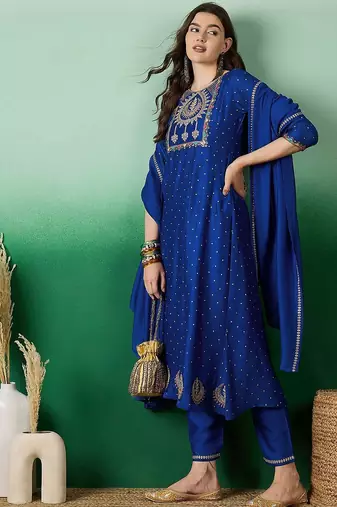 blue floral embroidered a-line kurta & trousers with dupatta