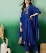 blue floral embroidered a-line kurta & trousers with dupatta