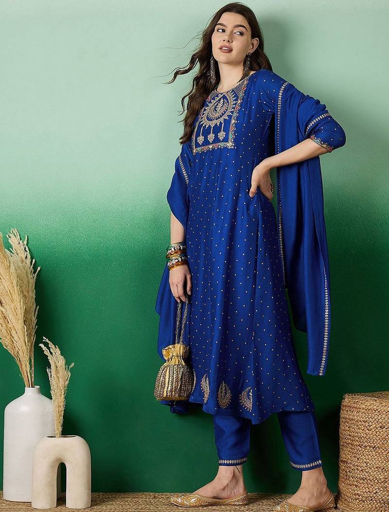 blue floral embroidered a-line kurta & trousers with dupatta