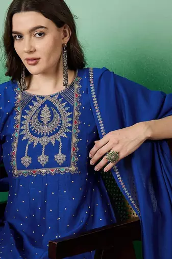 blue floral embroidered a-line kurta & trousers with dupatta