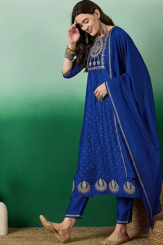 blue floral embroidered a-line kurta & trousers with dupatta