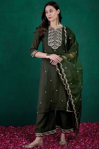 sequin embroidered round neck straight kurta with trousers & dupatta