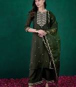 sequin embroidered round neck straight kurta with trousers & dupatta