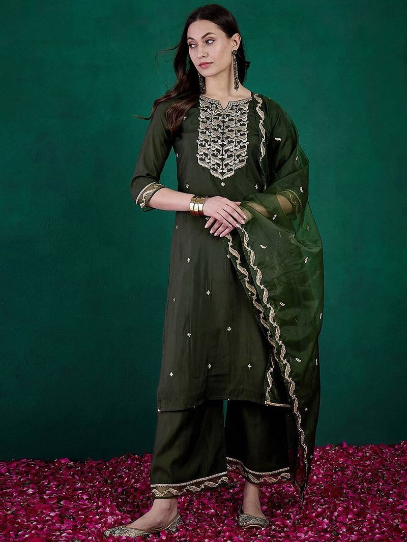 sequin embroidered round neck straight kurta with trousers & dupatta