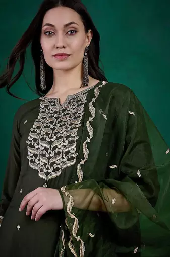 sequin embroidered round neck straight kurta with trousers & dupatta