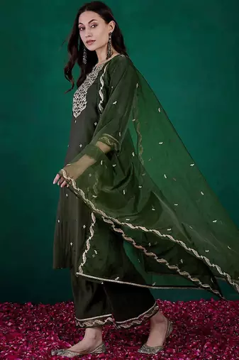 sequin embroidered round neck straight kurta with trousers & dupatta