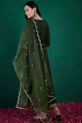 sequin embroidered round neck straight kurta with trousers & dupatta