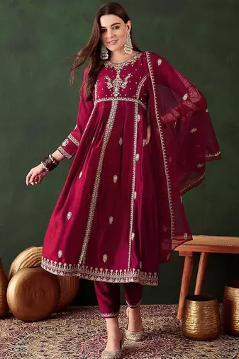 women embroidered a-line kurta trousers & dupatta