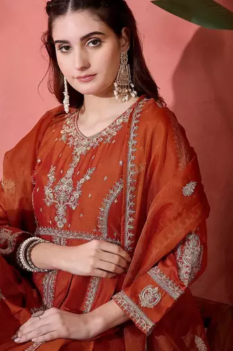 orange floral embroidered panelled zari a-line kurta with trousers and dupatta