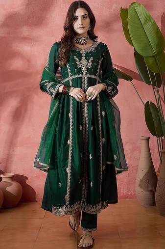 green floral embroidered panelled zari a-line kurta with trousers and dupatta
