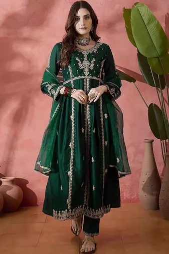 green floral embroidered panelled zari a-line kurta with trousers and dupatta