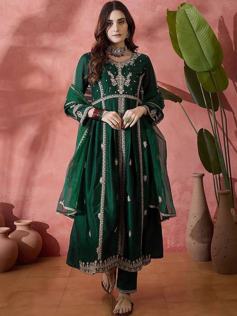 green floral embroidered panelled zari a-line kurta with trousers and dupatta