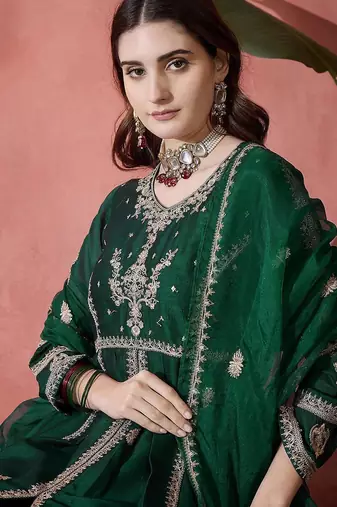 green floral embroidered panelled zari a-line kurta with trousers and dupatta
