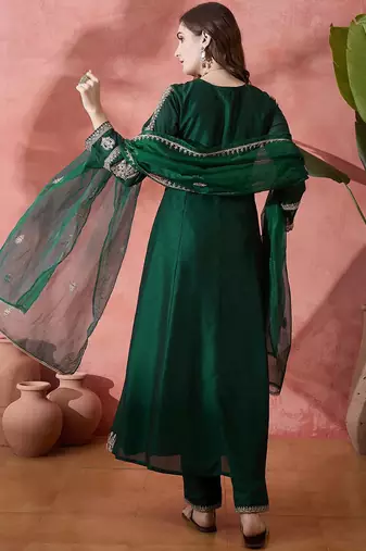 green floral embroidered panelled zari a-line kurta with trousers and dupatta