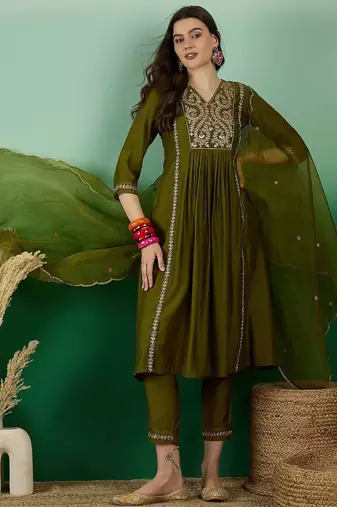 green yoke design thread work pleated a-line kurta with trouser & dupatta