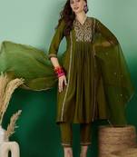 green yoke design thread work pleated a-line kurta with trouser & dupatta