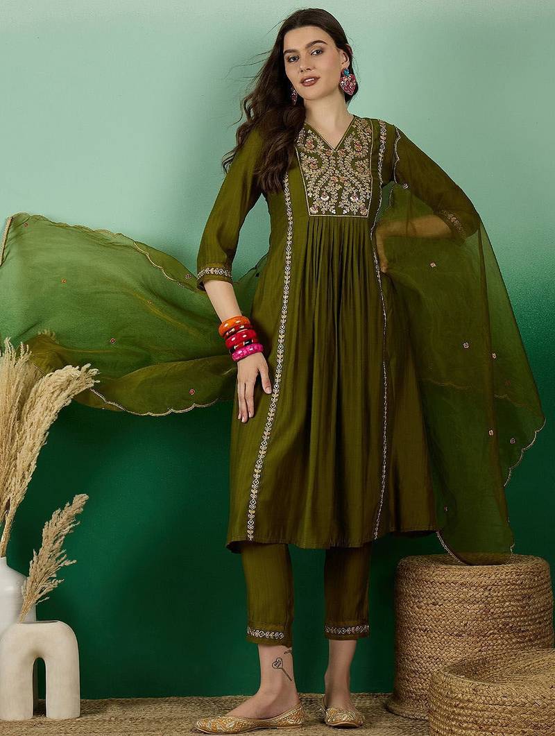 green yoke design thread work pleated a-line kurta with trouser & dupatta