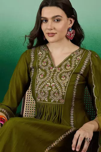 green yoke design thread work pleated a-line kurta with trouser & dupatta