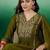 green yoke design thread work pleated a-line kurta with trouser & dupatta