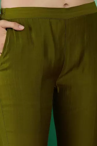 green yoke design thread work pleated a-line kurta with trouser & dupatta