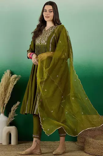 green yoke design thread work pleated a-line kurta with trouser & dupatta