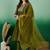 green yoke design thread work pleated a-line kurta with trouser & dupatta