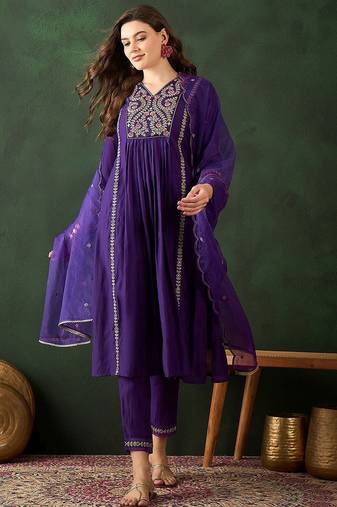 women embroidered a-line kurta trousers & dupatta