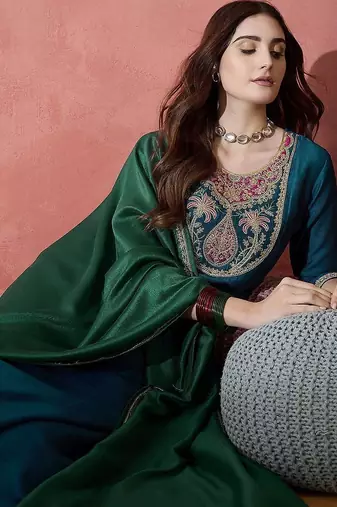teal blue floral yoke design zari panelled a-line kurta with trouser and dupatta