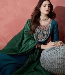 teal blue floral yoke design zari panelled a-line kurta with trouser and dupatta