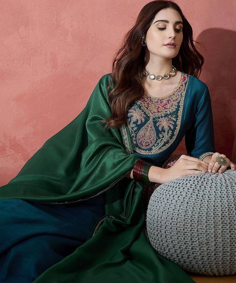 teal blue floral yoke design zari panelled a-line kurta with trouser and dupatta