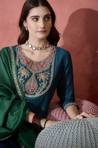 teal blue floral yoke design zari panelled a-line kurta with trouser and dupatta
