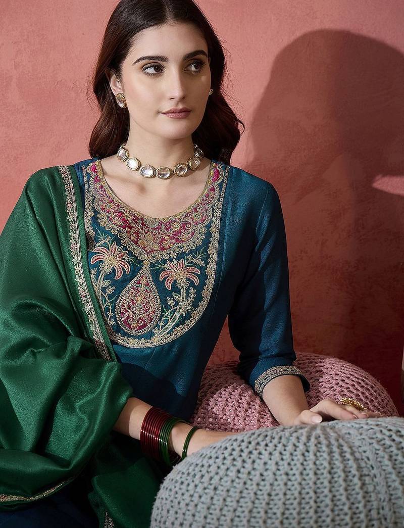 teal blue floral yoke design zari panelled a-line kurta with trouser and dupatta