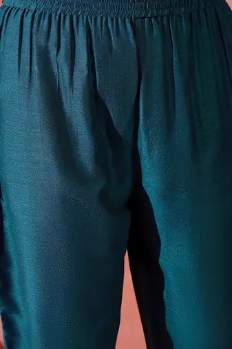 teal blue floral yoke design zari panelled a-line kurta with trouser and dupatta