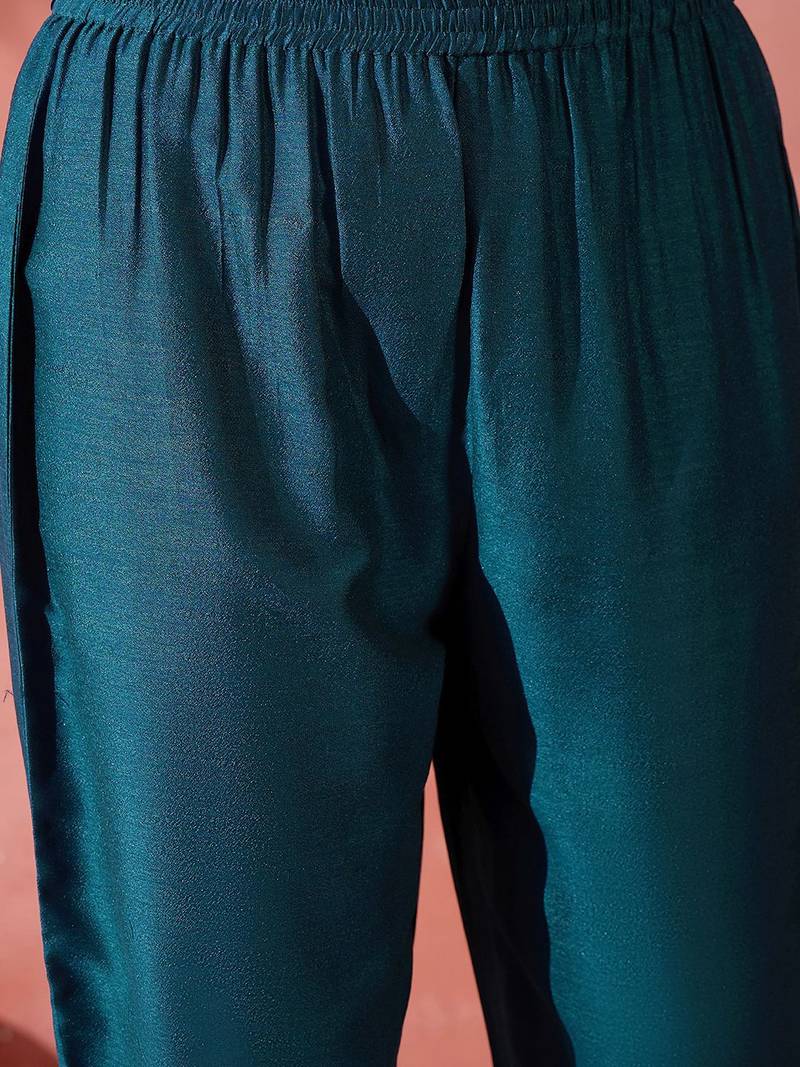teal blue floral yoke design zari panelled a-line kurta with trouser and dupatta