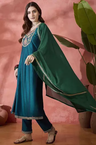 teal blue floral yoke design zari panelled a-line kurta with trouser and dupatta