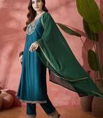teal blue floral yoke design zari panelled a-line kurta with trouser and dupatta