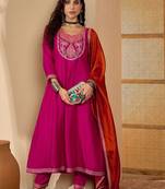 women ethnic motifs embroidered anarkali kurta with trouser & dupatta