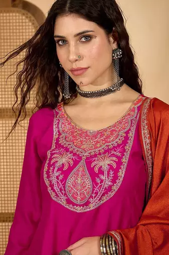 women ethnic motifs embroidered anarkali kurta with trouser & dupatta
