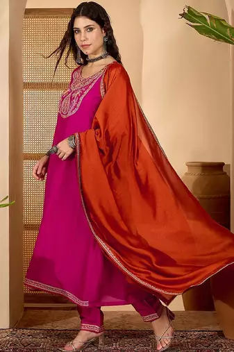 women ethnic motifs embroidered anarkali kurta with trouser & dupatta