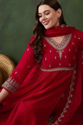 women ethnic motifs embroidered empire thread work kurta set