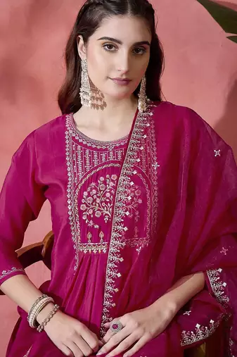 magenta floral embroidered round neck sequinned straight kurta & trouser & dupatta