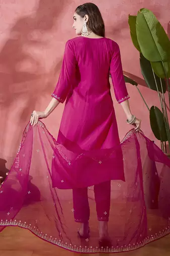 magenta floral embroidered round neck sequinned straight kurta & trouser & dupatta