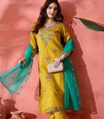 yellow floral embroidered notch neck straight kurta with trouser & dupatta