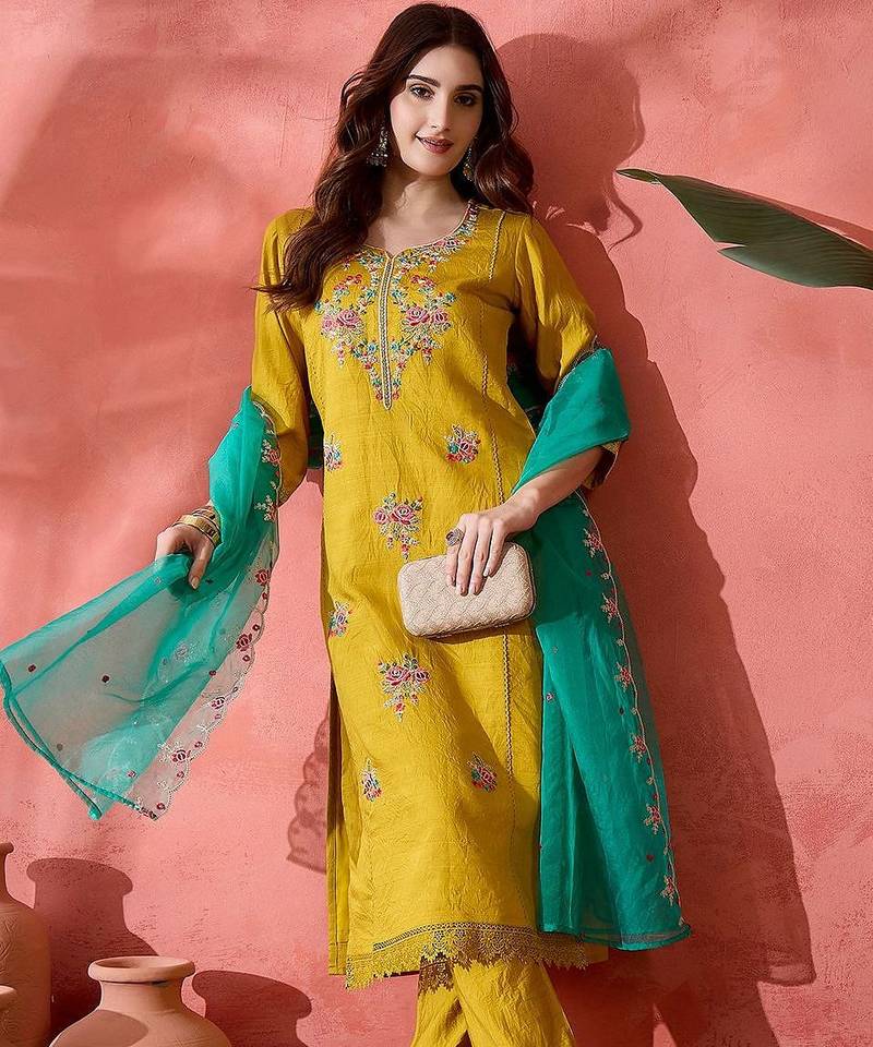 yellow floral embroidered notch neck straight kurta with trouser & dupatta