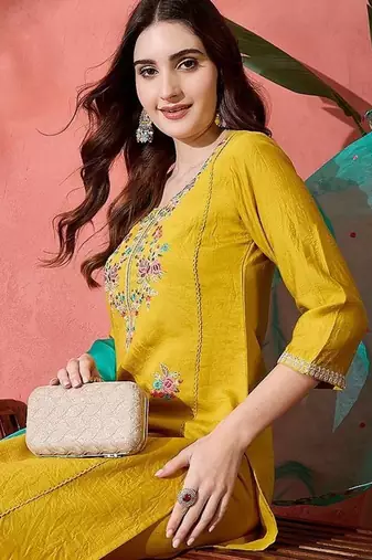 yellow floral embroidered notch neck straight kurta with trouser & dupatta